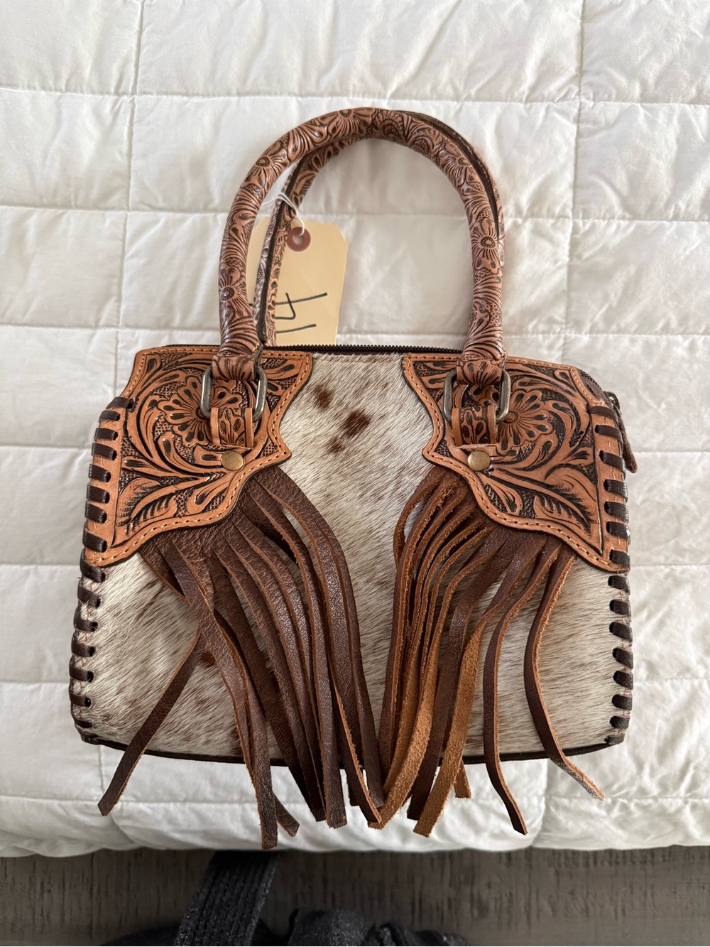 Fringed Cowhide Leather Tote - Brown & White